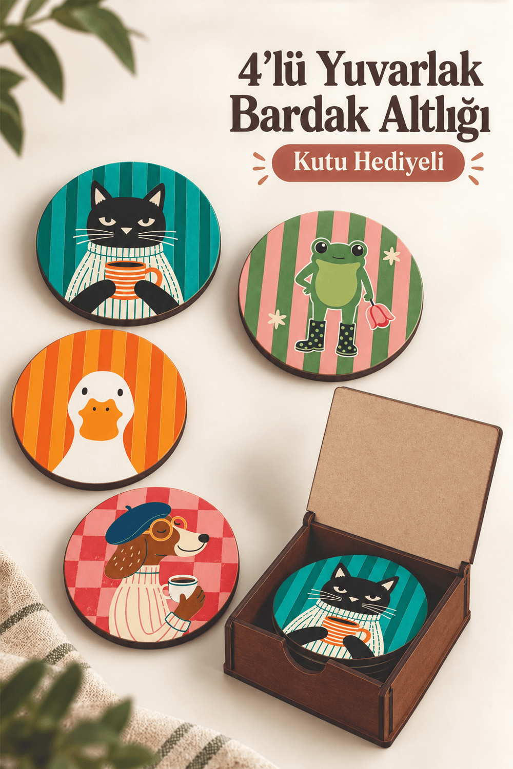 4'Lü MDF Bardak Altlığı Seti Saklama Kutulu Retro Hayvan Desenli Dekoratif Bardak Altlığı Kutu Hediyeli