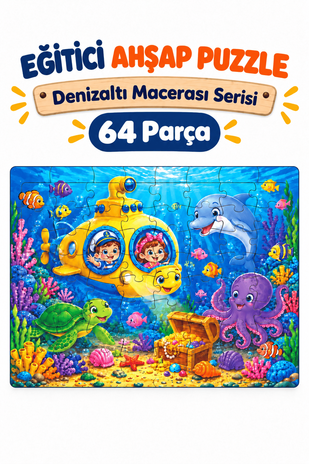 64 Parça Denizaltı Macerası Temalı Puzzle Çocuk Eğitici Yapboz Oyunu 27,5x19,5 Cm
