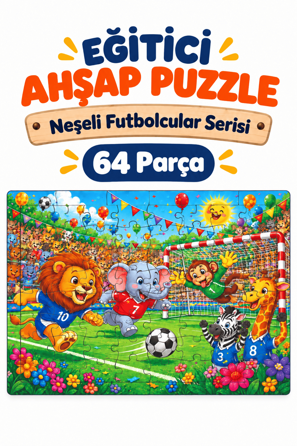 64 Parça Neşeli Futbolcular Temalı Puzzle Çocuk Eğitici Yapboz Oyunu 27,5x19,5 Cm 