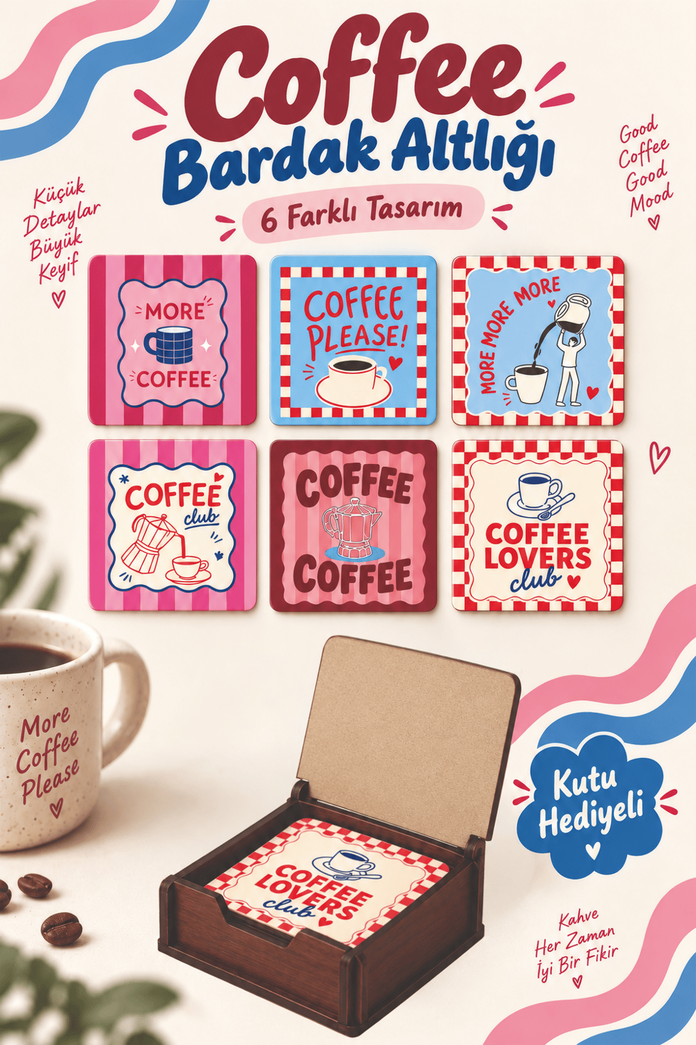 6'Lı MDF Bardak Altlığı Seti Saklama Kutulu Retro Coffe Time Temalı Renkli Desenli Dekoratif Bardak Altlığı Kutu Hediyeli