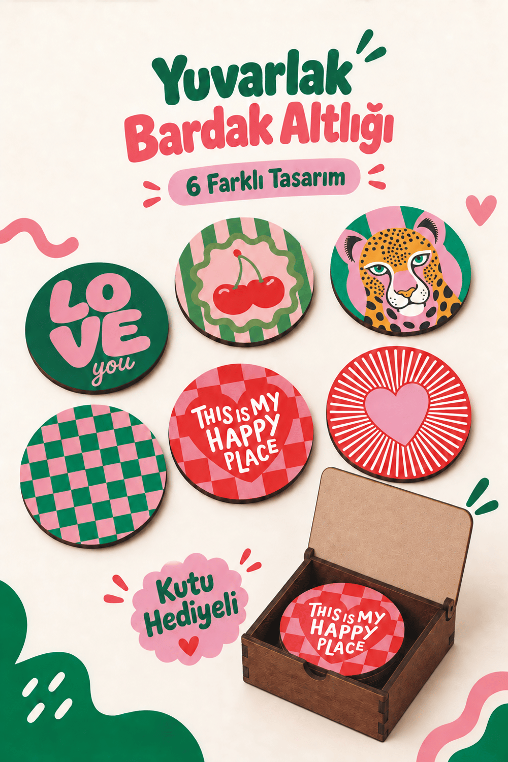 6'Lı MDF Bardak Altlığı Seti Saklama Kutulu Pop Art Retro Desenli Dekoratif Bardak Altlığı Kutu Hediyeli