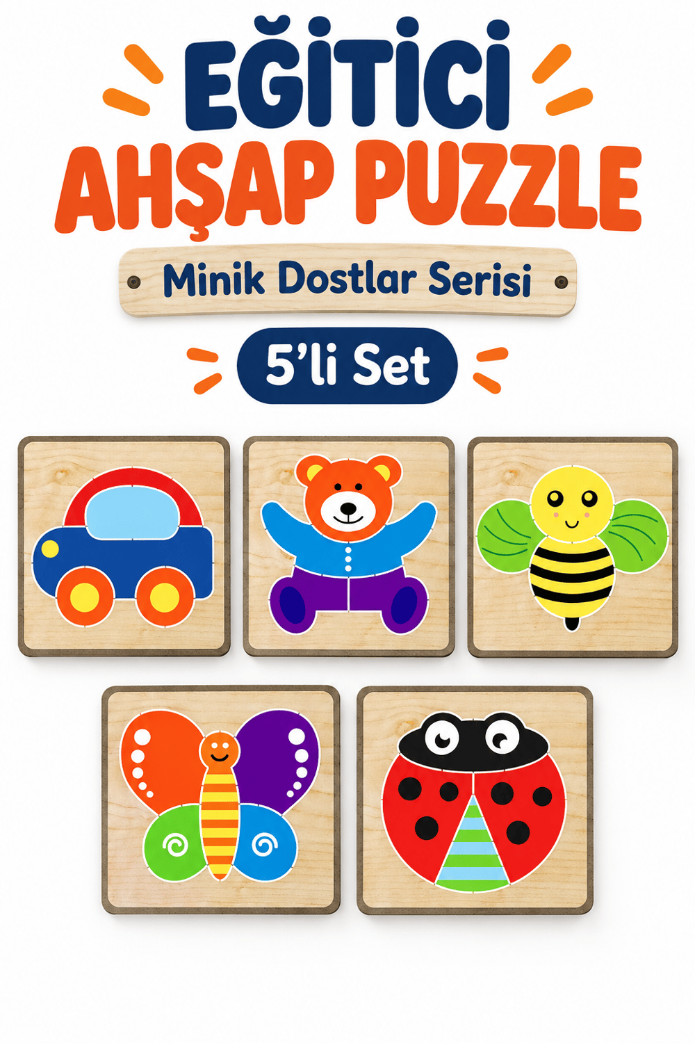 Ahşap Eğitici 3D Puzzle 5’li Set – 5 Parçalı Öğretici Ahşap Yapboz Oyuncak
