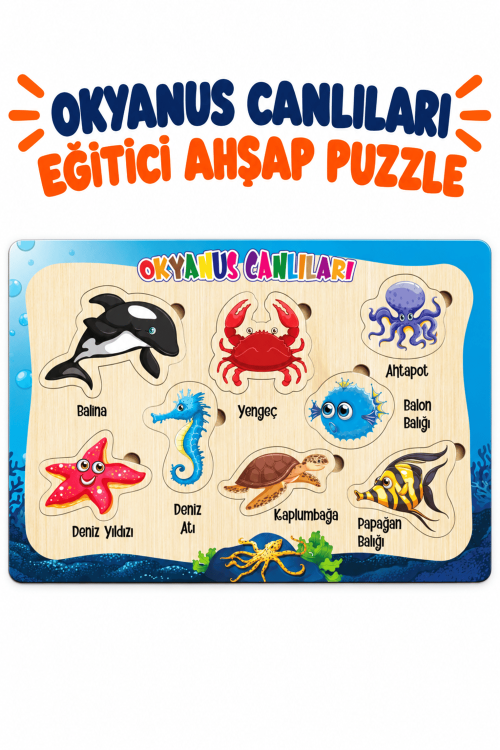 Ahşap Eğitici Deniz Hayvanları Puzzle – Deniz Canlılarını Öğreniyorum Renkli Öğretici Yapboz Oyuncak