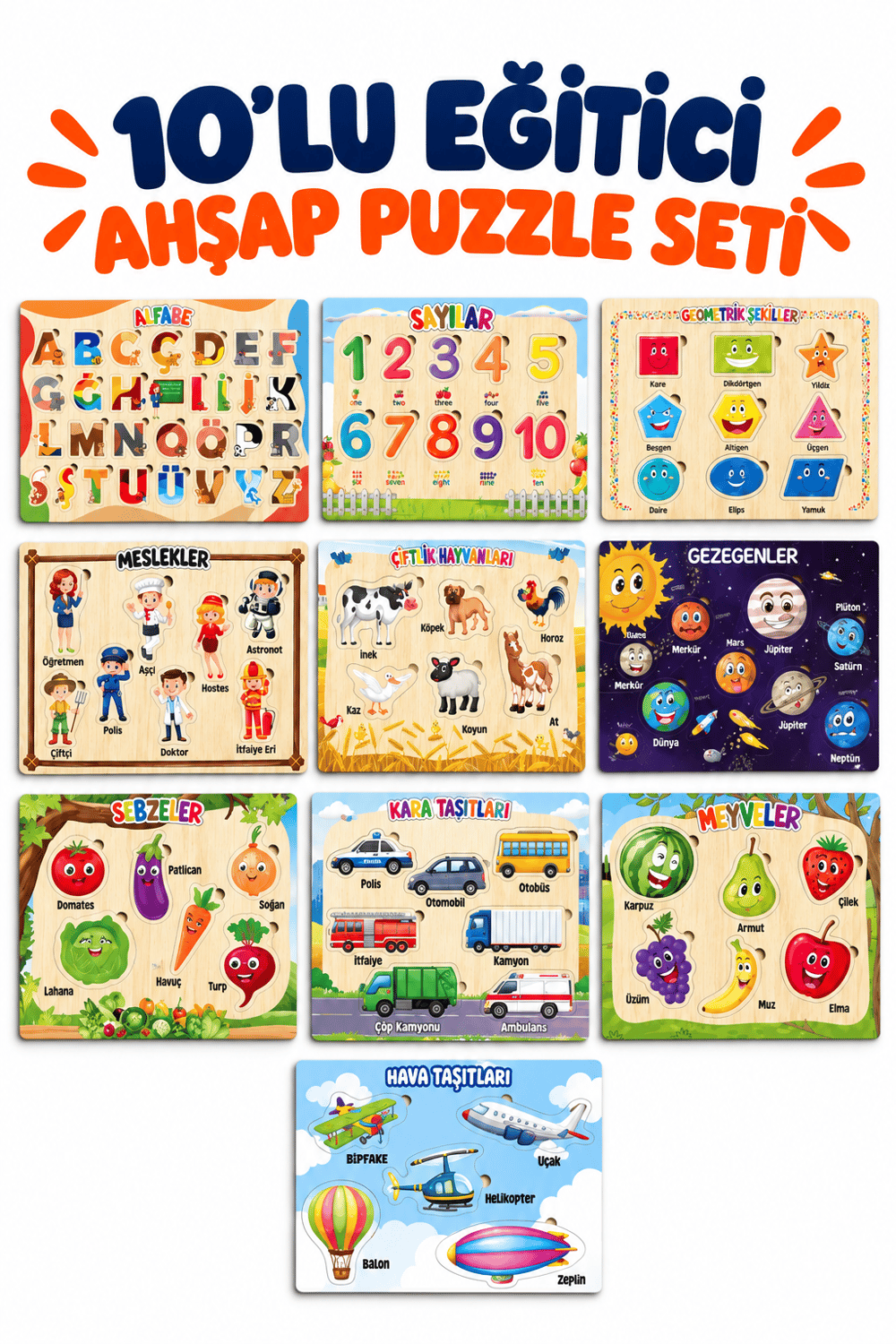 Ahşap Eğitici Öğretici 10 Parça Mega Puzzle Seti – Alfabe, Sayılar ve Güneş Sistemi Karışık Ahşap Yapboz Oyuncak