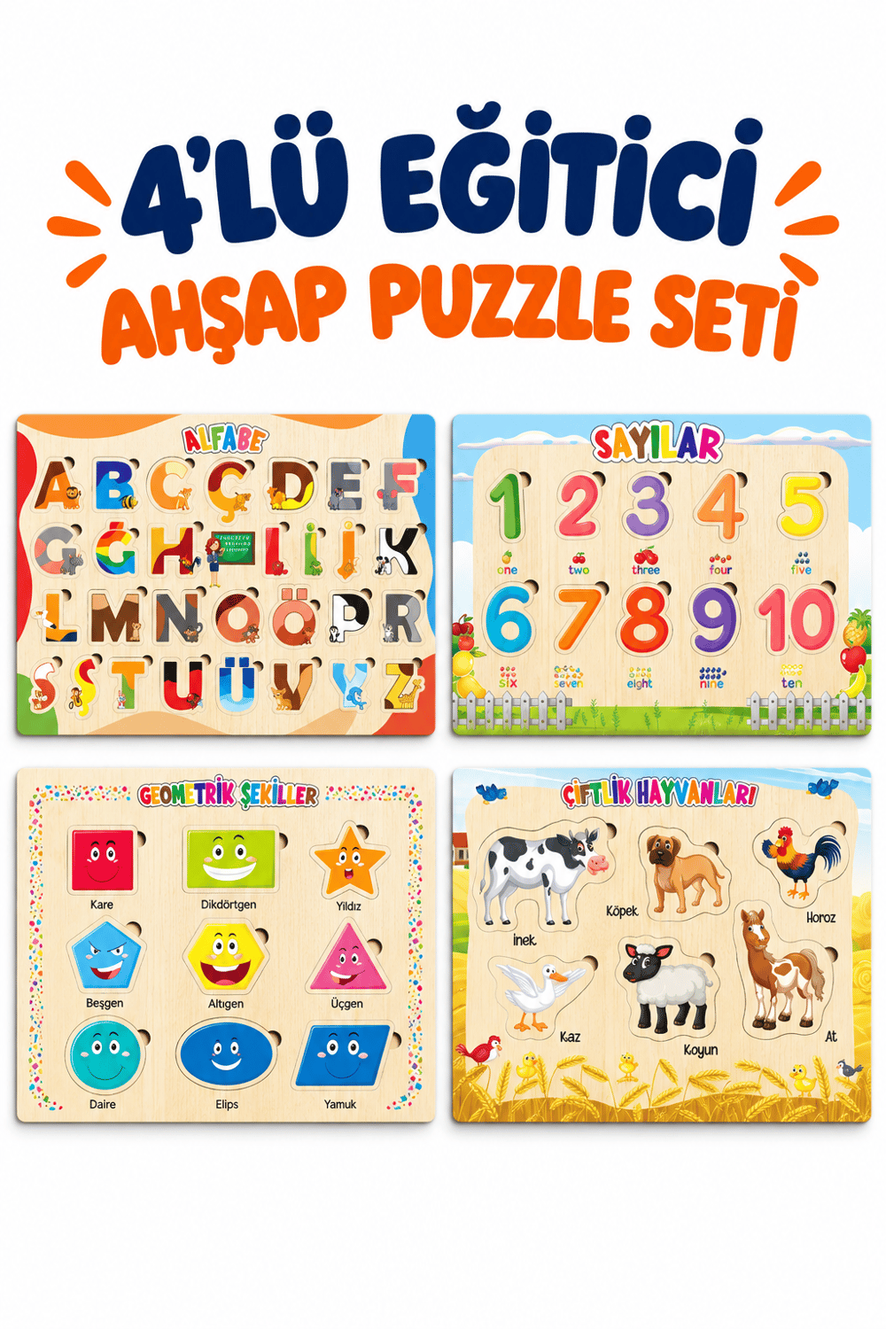 Ahşap Eğitici Öğretici 4’lü Puzzle Seti – Alfabe, Sayılar, Geometrik Şekiller ve Çiftlik Hayvanları Yapboz Oyuncak