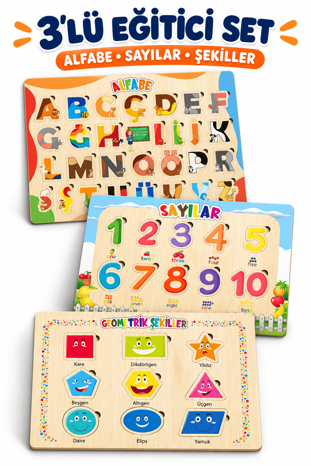 Ahşap Eğitici Puzzle 3’ü 1 Arada Alfabe, Geometrik Şekiller ve Sayılar – Sök Tak Bultak Yapboz Seti