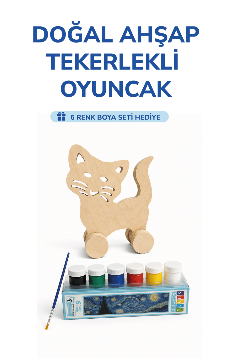 Ahşap Kedi Oyuncak Doğal El Yapımı Boyanabilir Eğitici Oyuncak+6'lı Boya Seti Hediye
