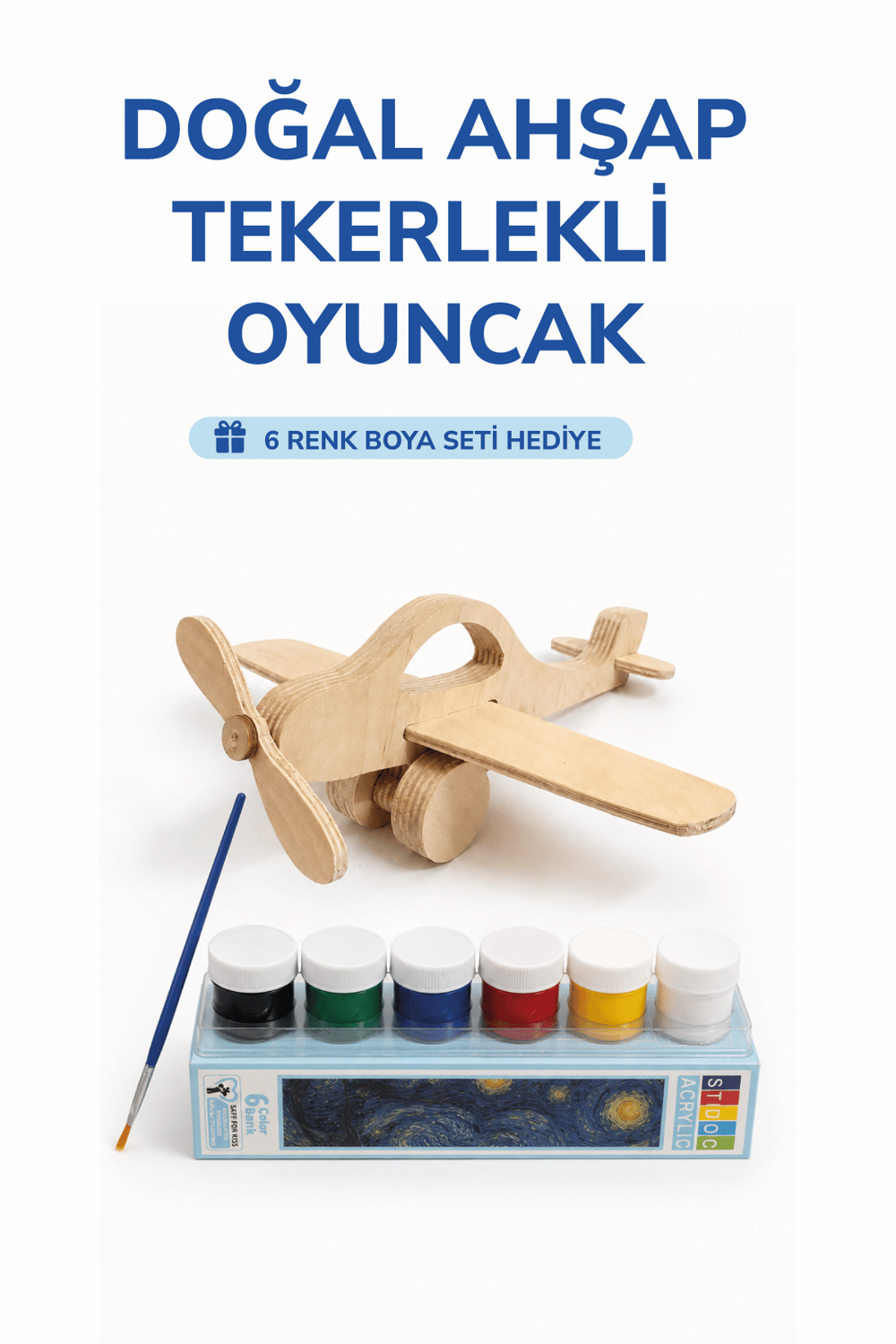 Ahşap Uçak Oyuncak Doğal El Yapımı Boyanabilir Eğitici Oyuncak+6'lı Boya Seti Hediye