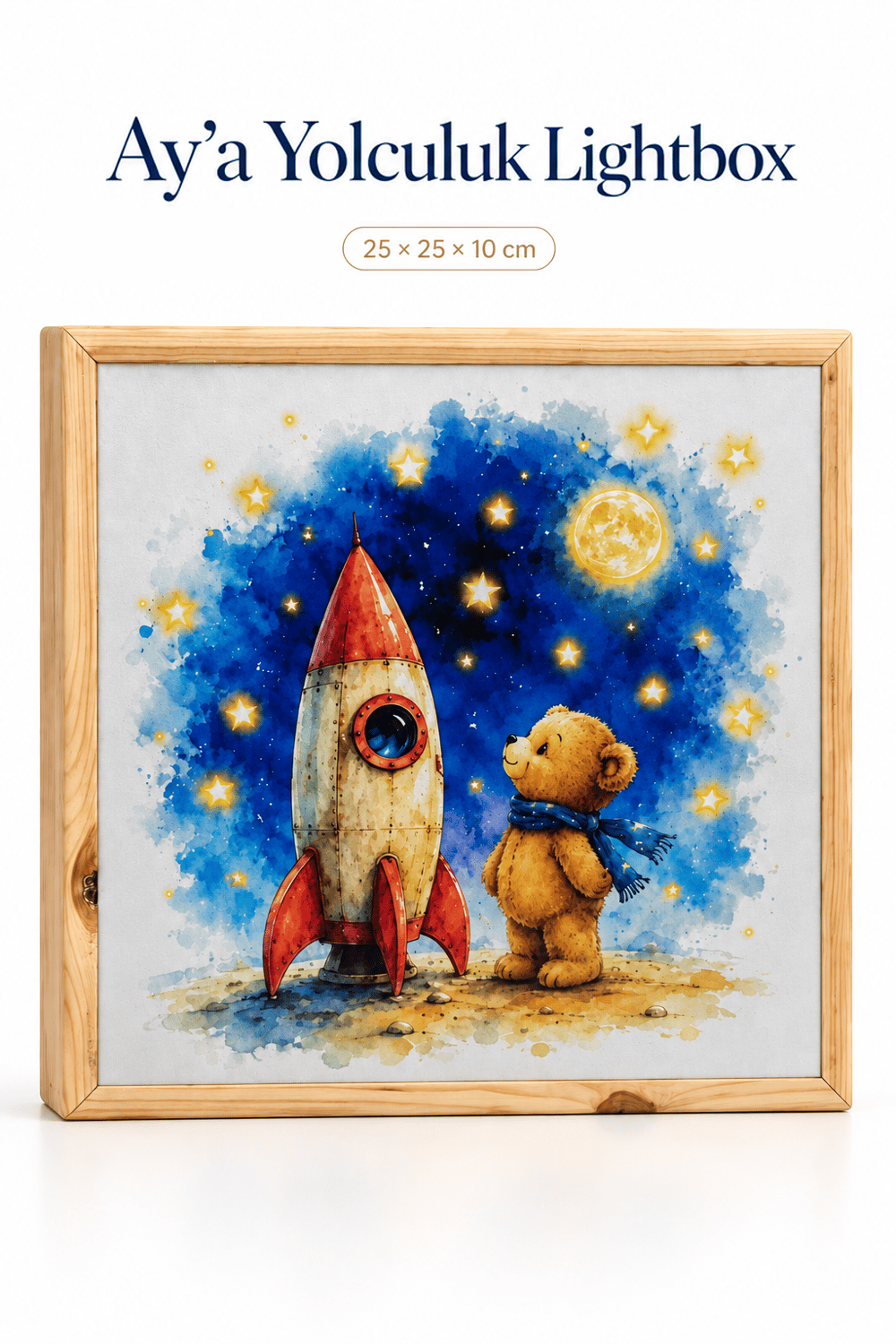 Ay’a Yolculuk Light Box – Çocuklar İçin Işıklı Gece Lambası, Ahşap Dekoratif LED Çocuk ve Bebek Odası Aydınlatması 25x25x10 cm