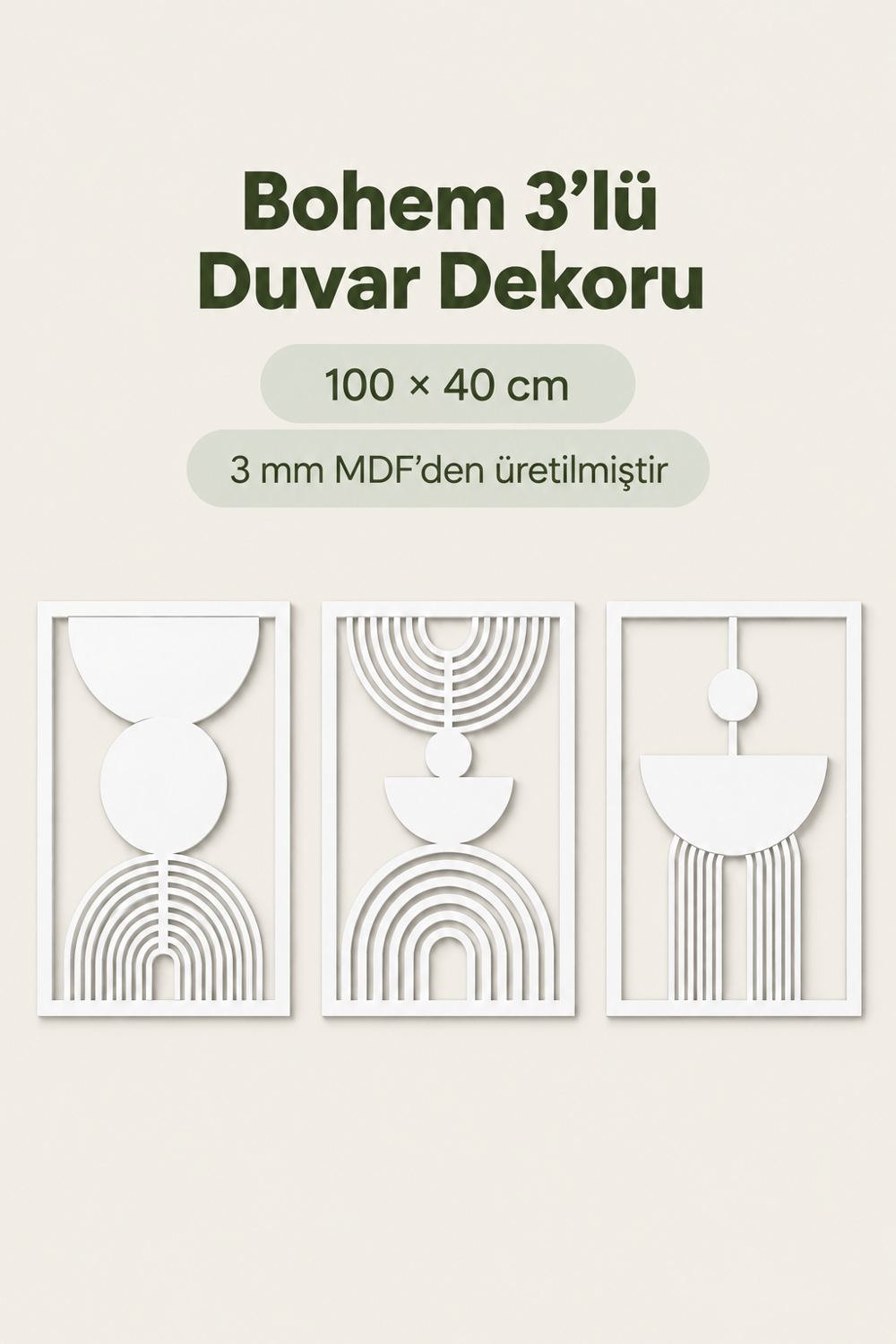Gümüş Renk Soyut Bohem Dekoratif 3’lü Duvar Tablosu – Modern Ev, Salon ve Ofis Duvar Dekoru