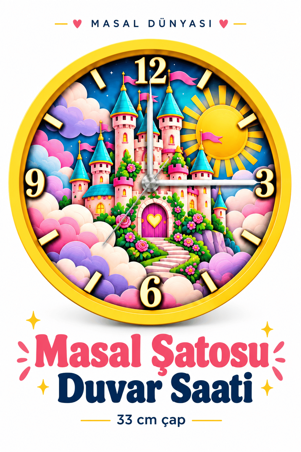 Masal Şatosu Duvar Saati – 33 cm UV Baskılı, Sarı Çerçeveli, Prenses Şatosu Desenli Çocuk ve Kız Çocuk Odası Dekoratif Duvar Saati