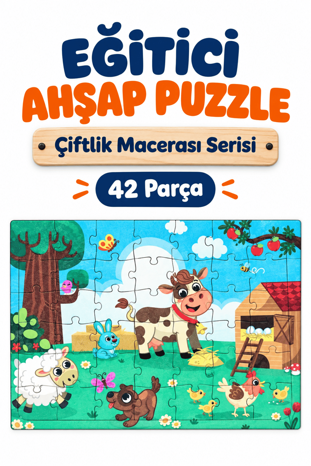 Renkli Ahşap Puzzle 42 Parça – Çocuklar İçin Eğitici Öğretici Ahşap Yapboz Oyuncak