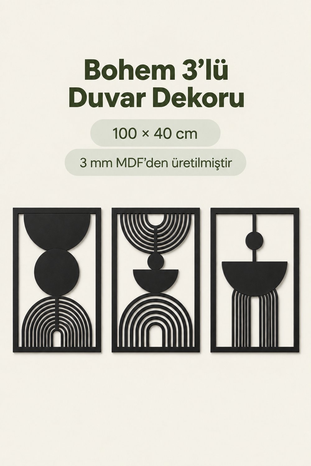 Siyah Renk Soyut Bohem Dekoratif 3’lü Duvar Tablosu – Modern Ev, Salon ve Ofis Duvar Dekoru