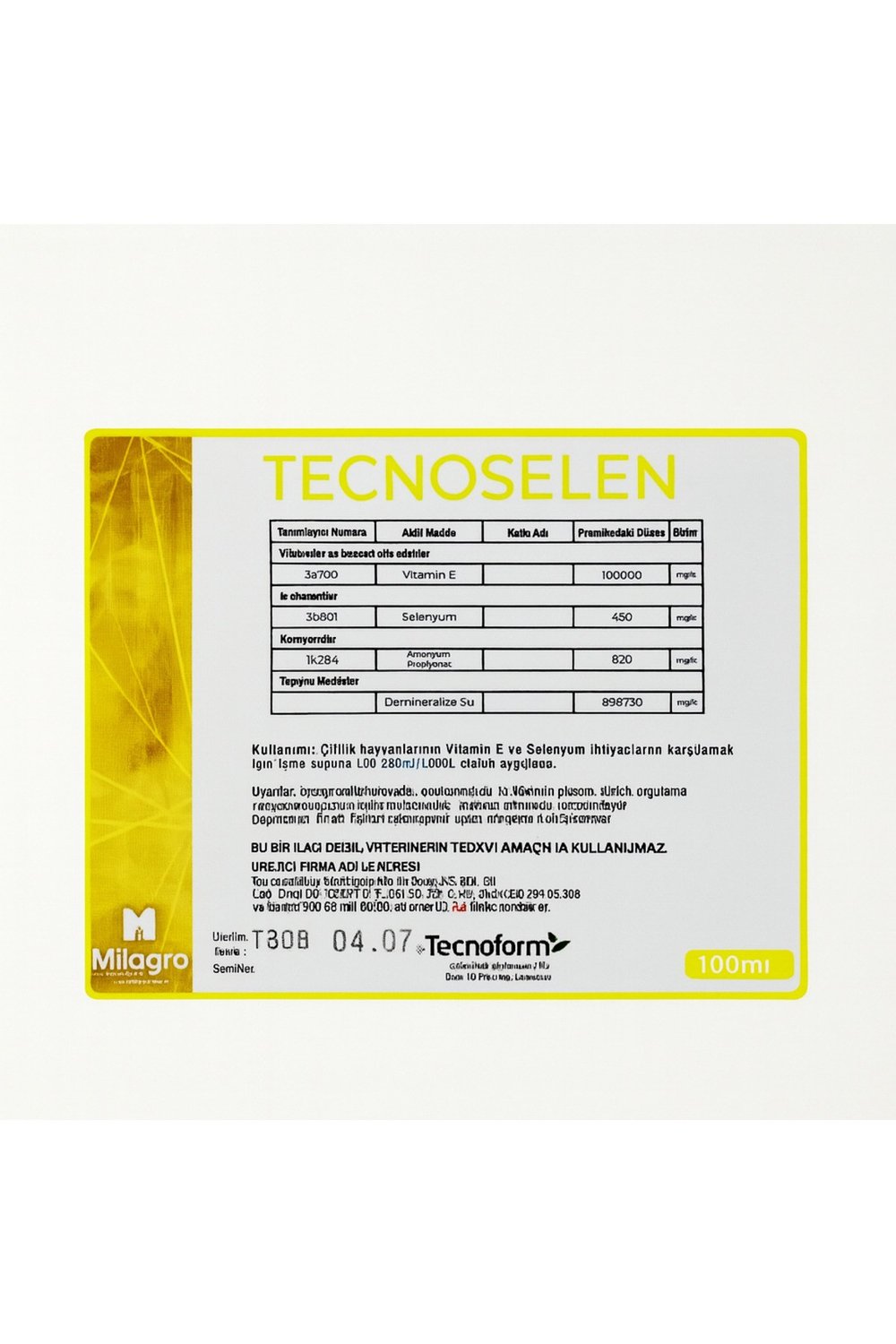 Tecnoselen 100 ml - Vitamin E & Selenyum Destekli YEM KATKI (Milagro by Metaş)