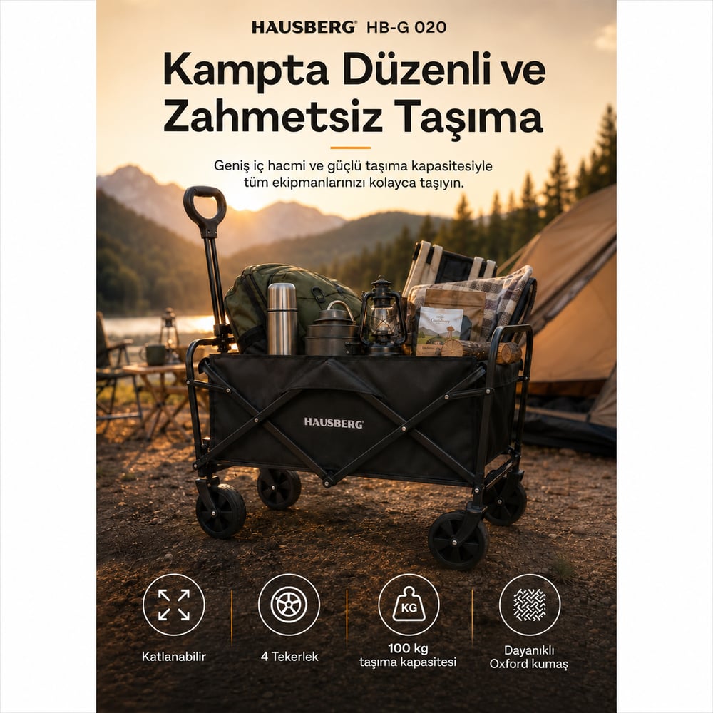 Hausberg Katlanır Kamp Arabası — Frenli, 360° Dönen Kalın Tekerlekli Katlanabilir Vagon, Su Geçirmez Plaj / Pazar / Piknik / Bahçe Taşıma Arabası (Siyah) HB-G 020