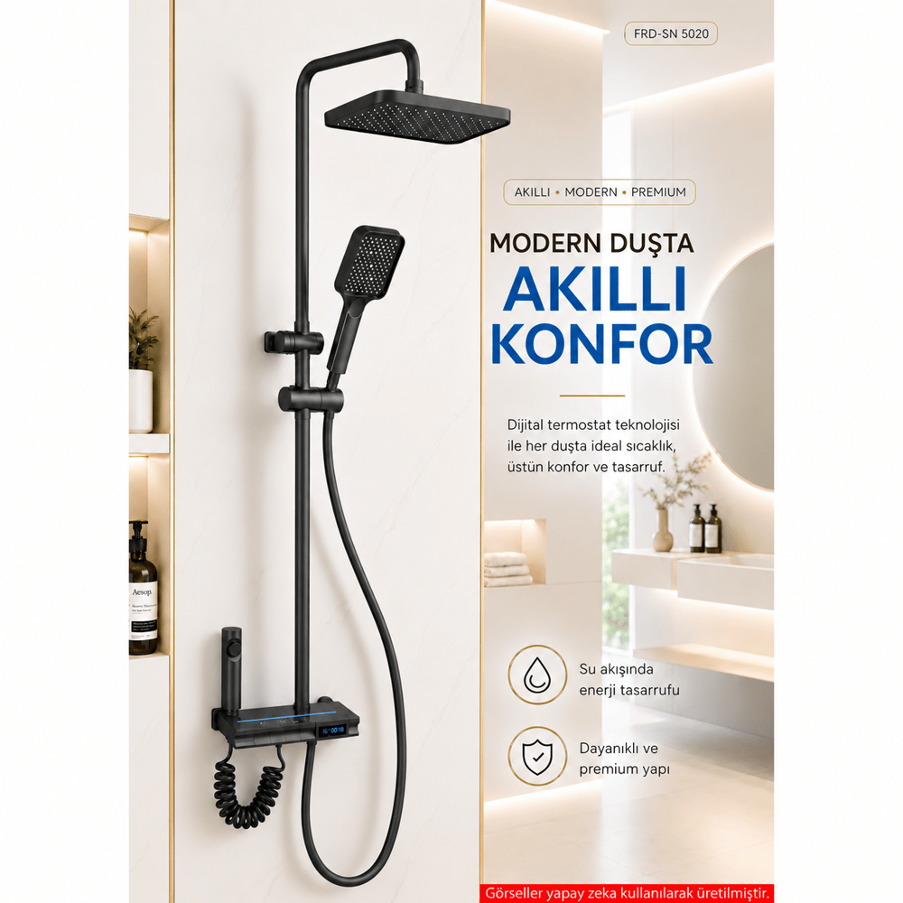 Piyano Tuşlu Dijital Duş Seti — Freddo 4 Fonksiyonlu LED Ambiyans Işıklı Termostatik Akıllı Duş Seti, Yağmurlama Tepe Duş + El Duşu + Banyo Bataryası (Antrasit) FRD-SN 5020NG