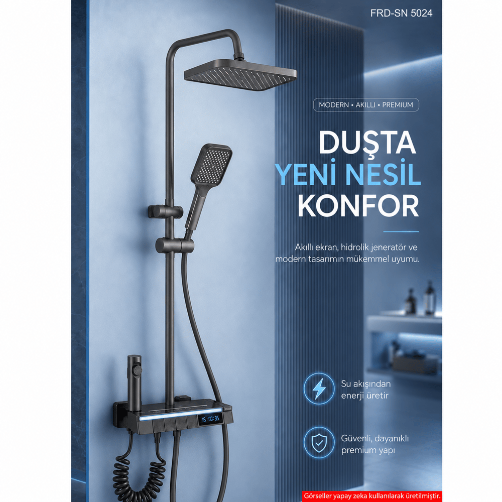 Piyano Tuşlu Dijital Duş Seti — Freddo 4 Fonksiyonlu LED Ambiyans Işıklı Termostatik Akıllı Duş Seti, Yağmurlama Tepe Duş + El Duşu + Banyo Bataryası (Antrasit) FRD-SN 5024NG