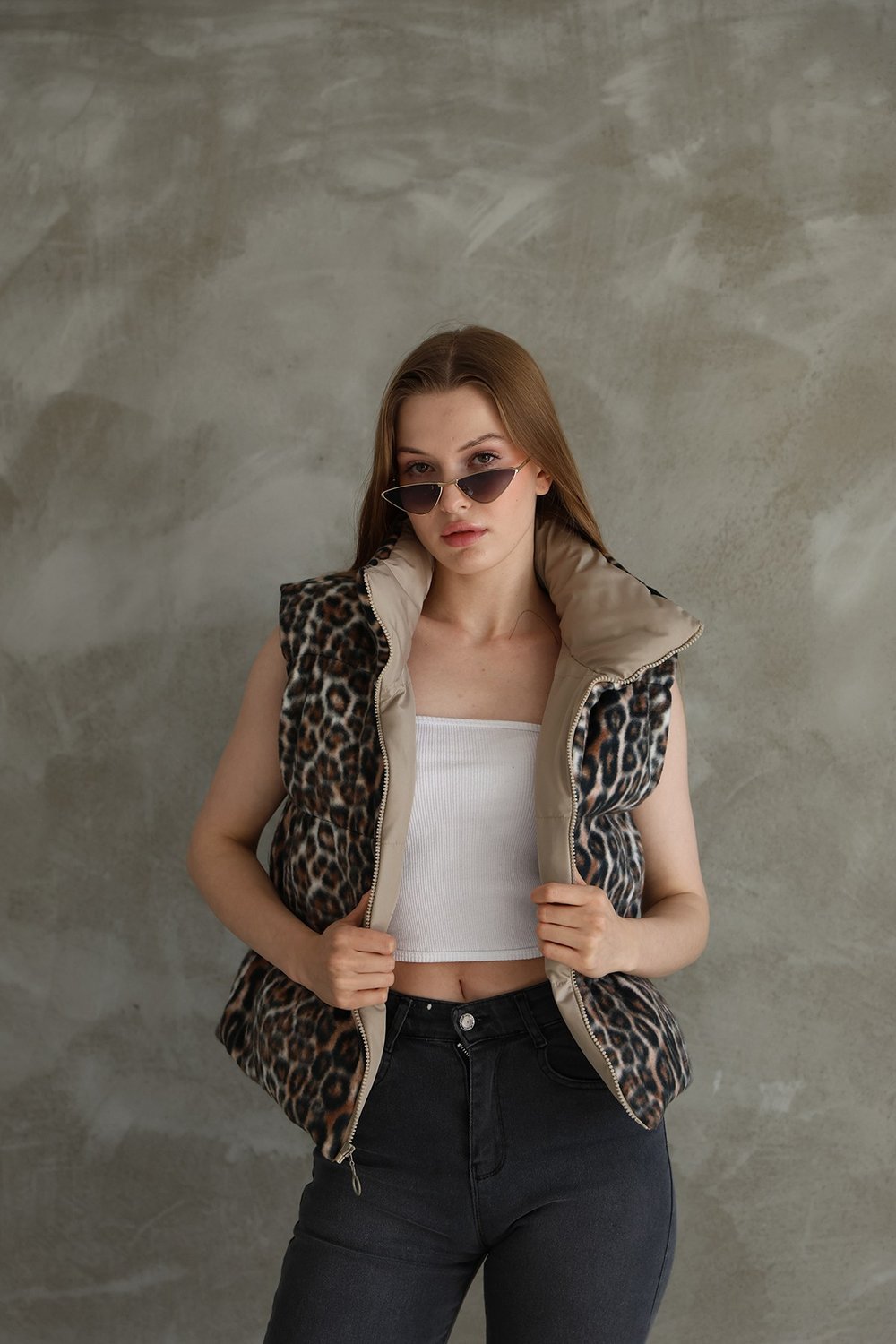 Kadın Çift Taraflı Leopar Peluş Şişme Yelek