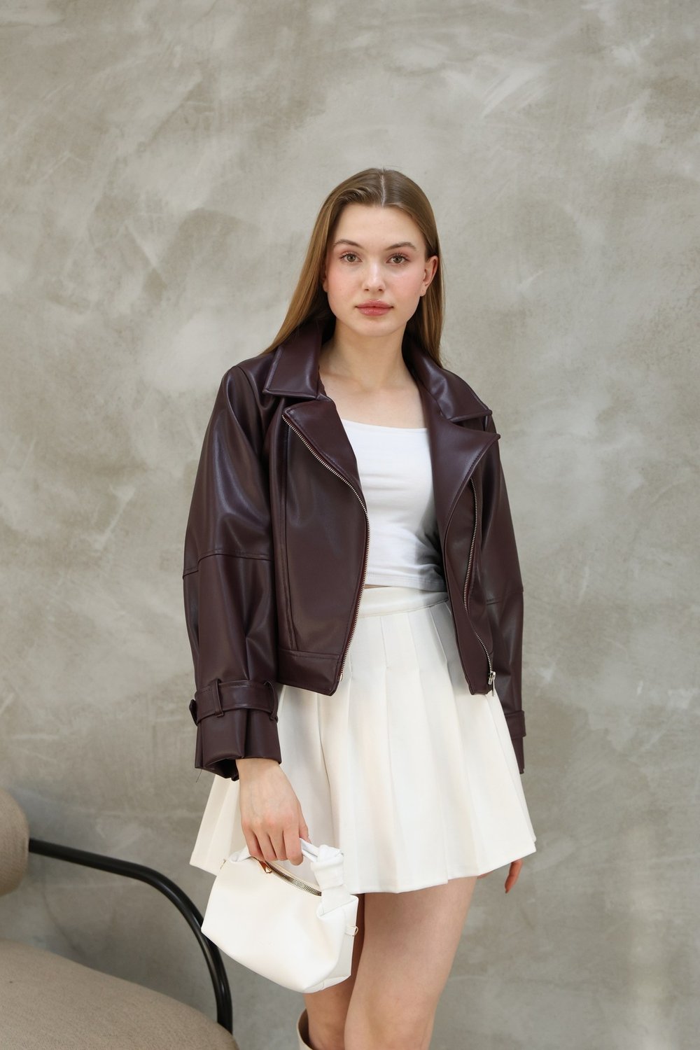Kadın Oversize Biker Balon Kol Deri Ceket
