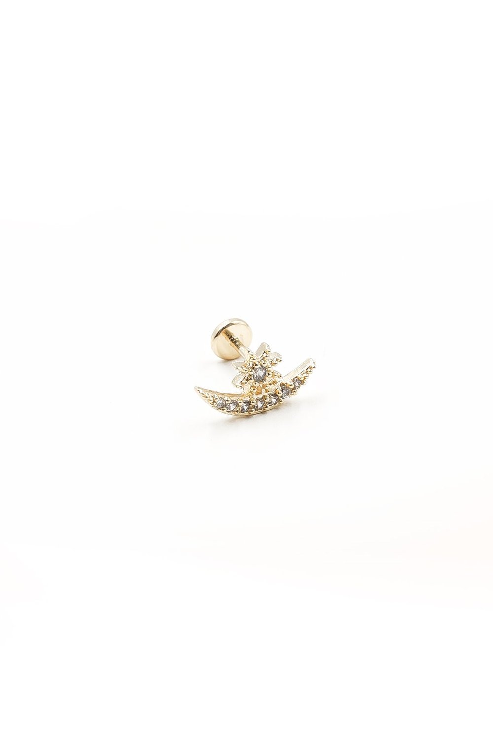 Ay Yıldız Figürlü Zirkon Taşlı Gold Tragus Helix Piercing | Anti Alerjik, Kararma Yapmaz