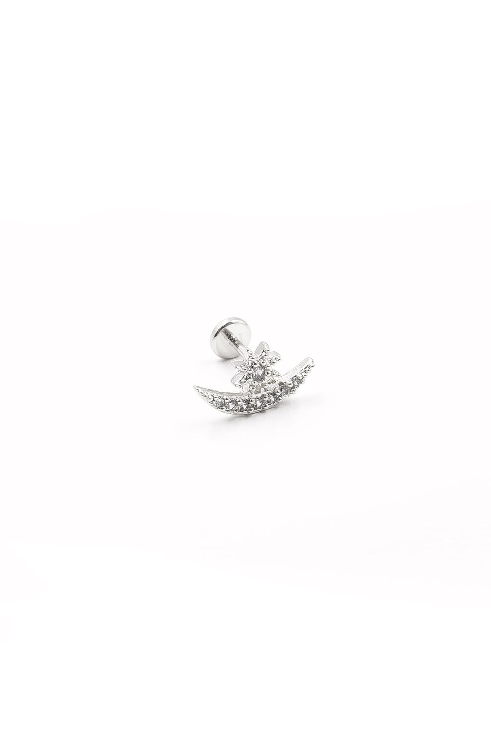Ay Yıldız Figürlü Zirkon Taşlı Gümüş Tragus Helix Piercing | Anti Alerjik, Kararma Yapmaz