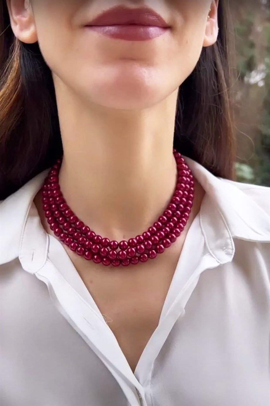 Burgundy Triple Row Pearl Necklace
