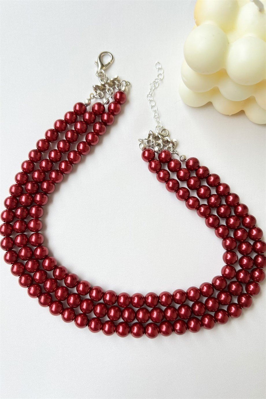 Burgundy Triple Row Pearl Necklace