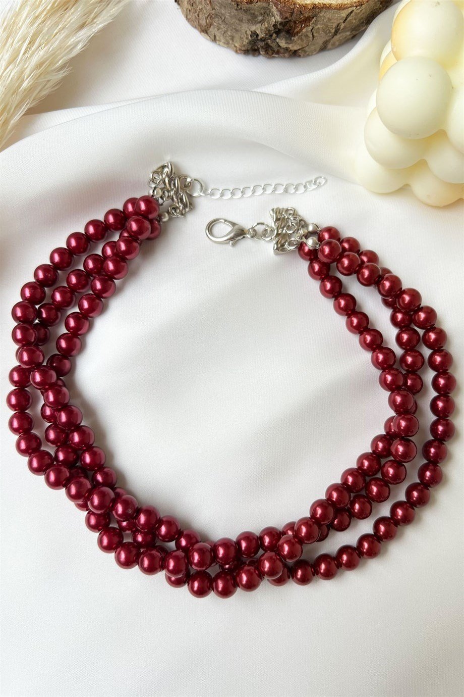 Burgundy Triple Row Pearl Necklace
