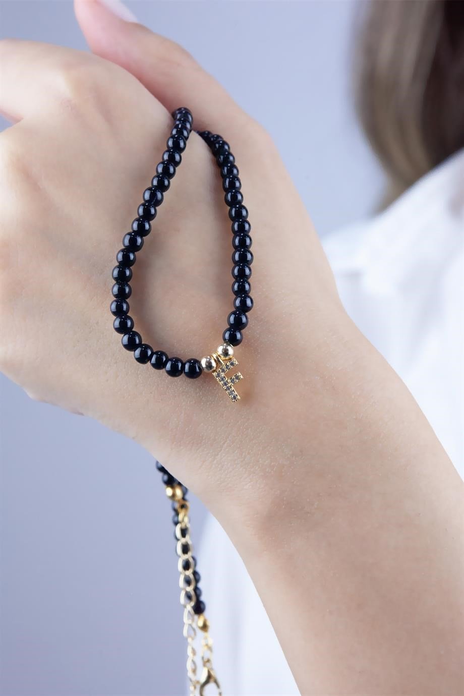 F Letter Black Pearl Design Necklace