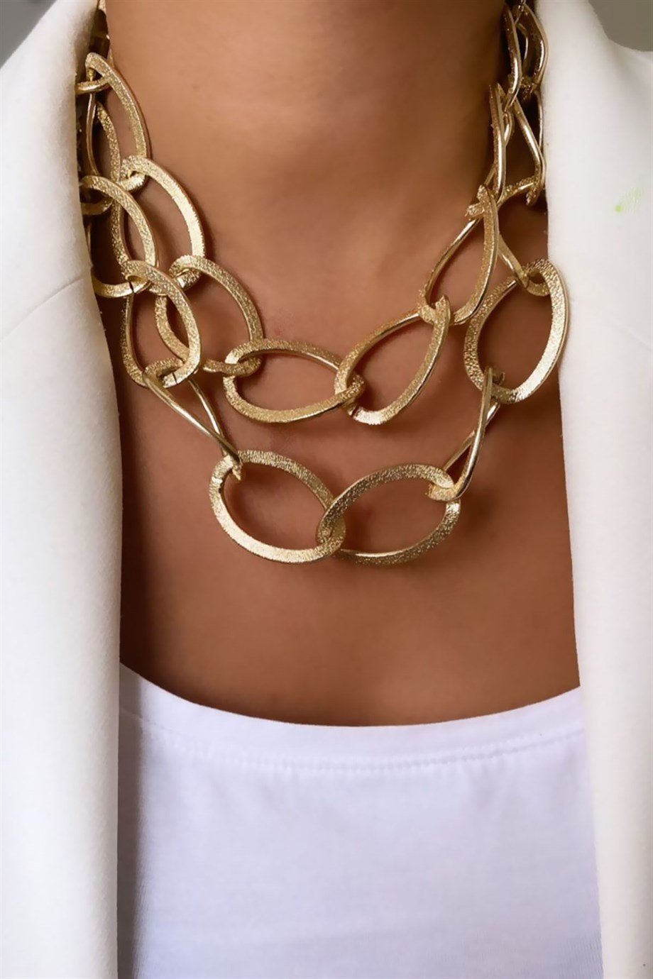 Thick Hoop Model Gold Colored Double Chain Necklace