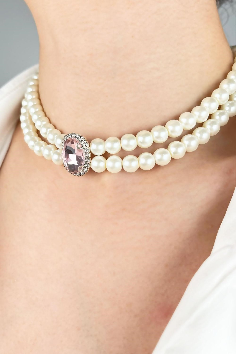 Crystal Winged Pearl Choker Necklace - Pink