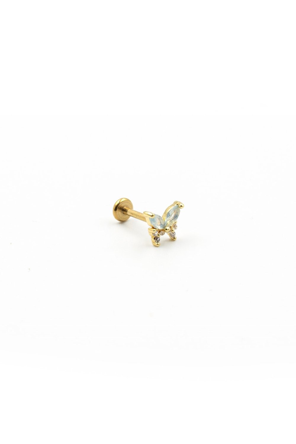 Mavi Kanatlı Kelebek Tragus Piercing – Zirkon Taşlı, Gold, Anti Alerjik