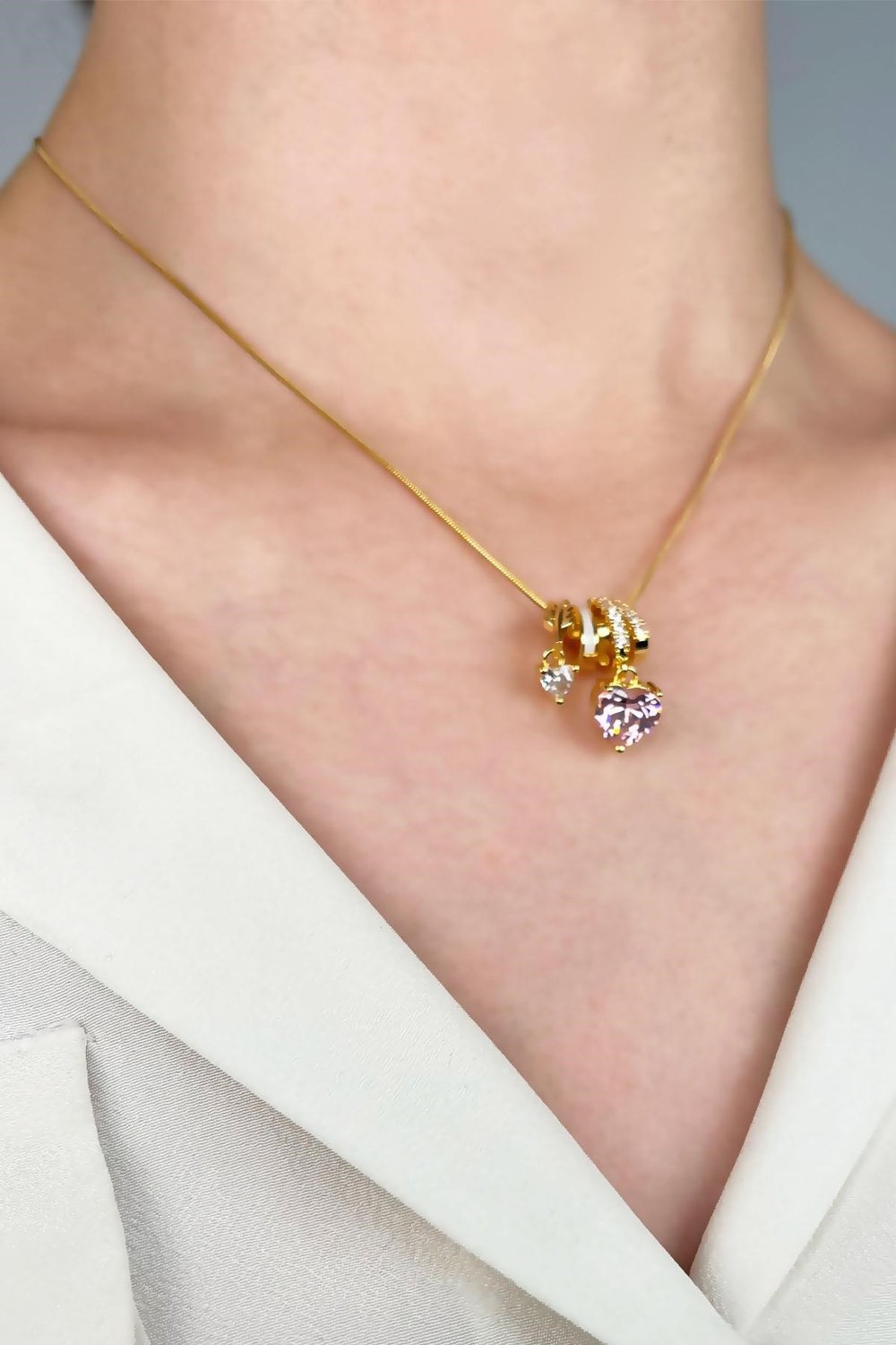Pink Heart Tip Charm Stainless Steel Necklace - Gold