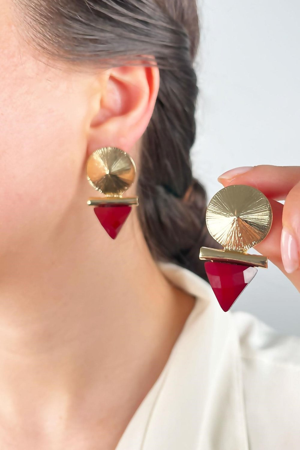 Triangle Burgundy Earrings - Gold