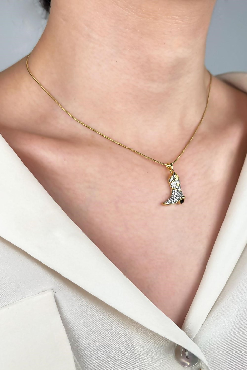 Zircon Stone Cowboy Boot Steel Necklace - Gold