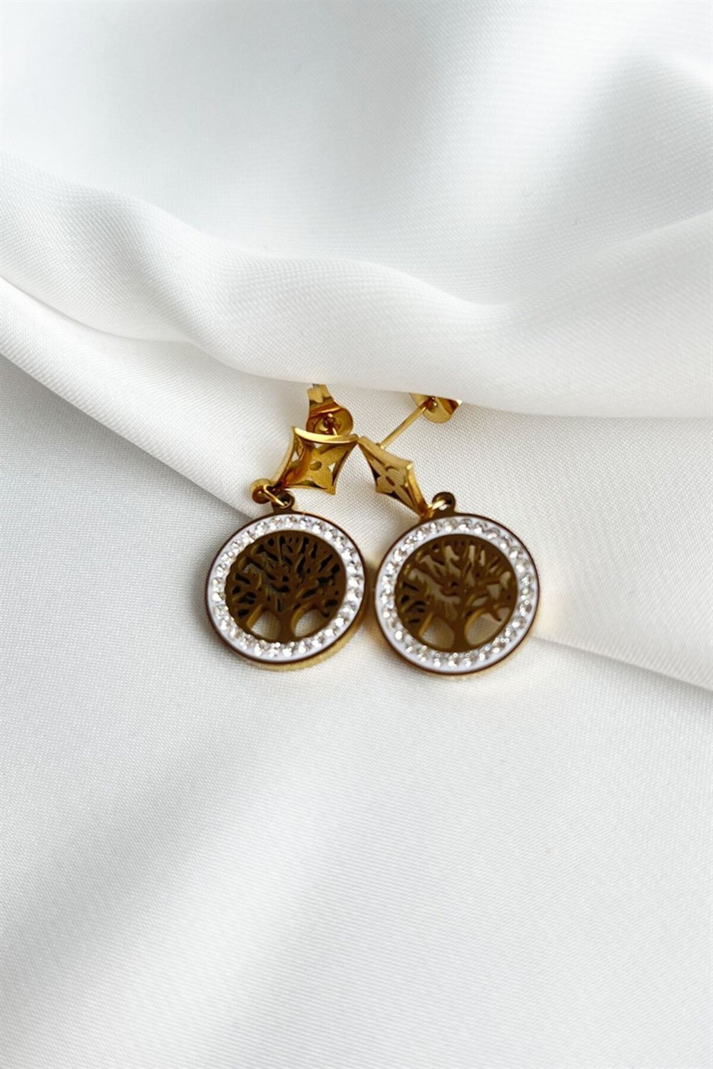 Zircon Stone Tree of Life Model Steel Earrings