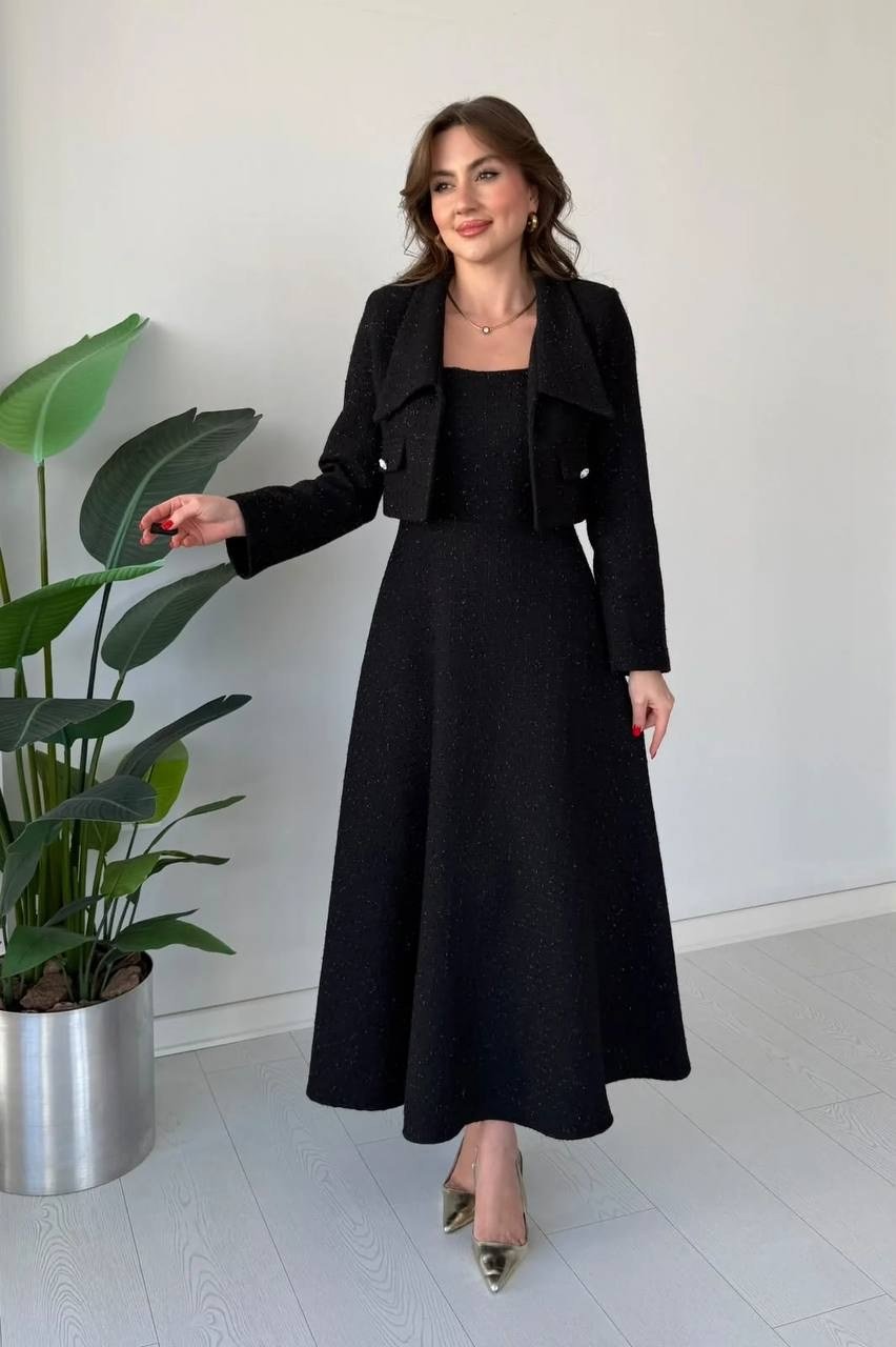 Zarafetin Modern Yorumu: Premium Dokulu Elbise & Ceket Takım Siyah