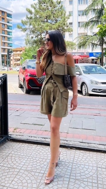 Haki Keten Şort Takım