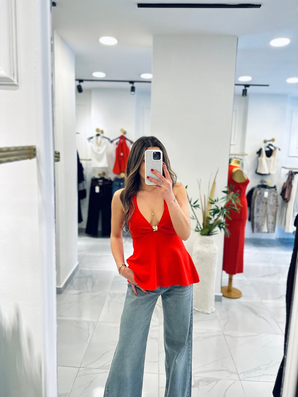 Halter Yaka Metal Toka Detay Triko Bluz