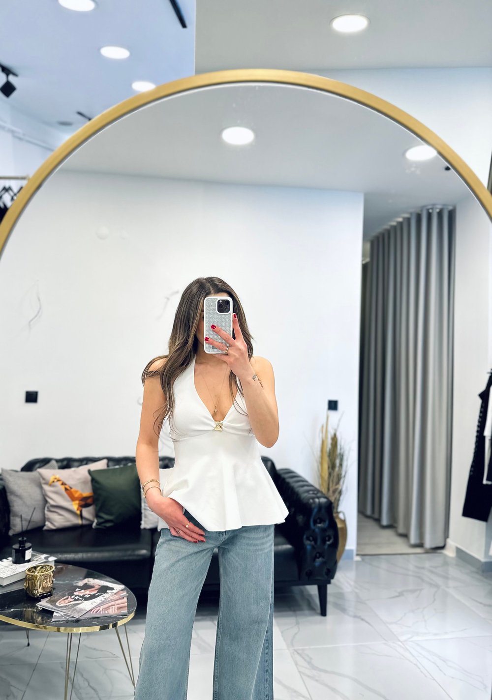 Halter Yaka Metal Toka Detay Triko Bluz