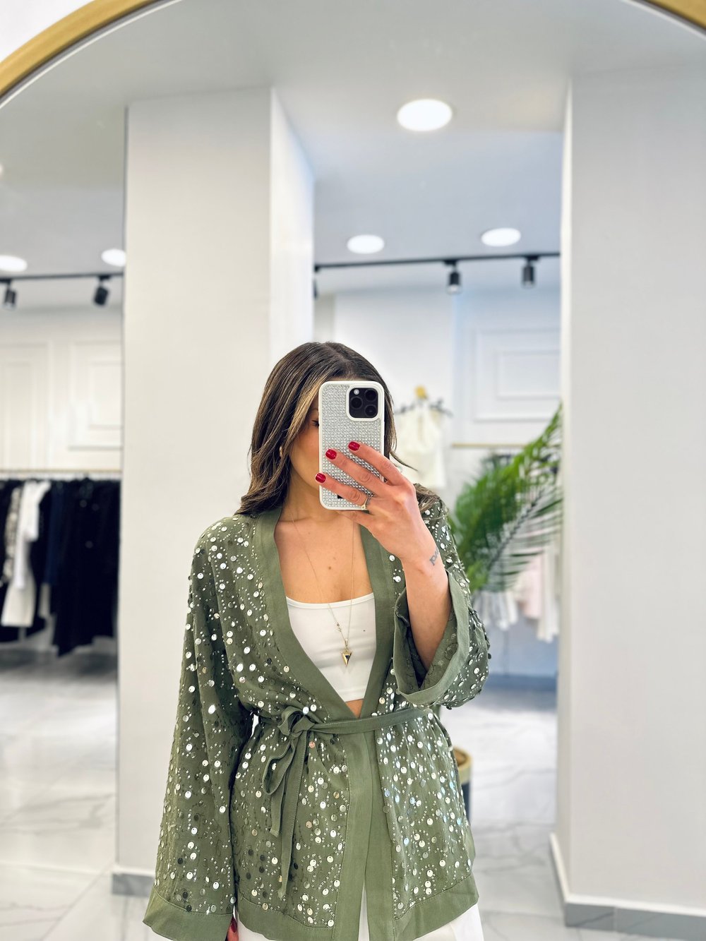Pul İşlemeli Haki Kimono