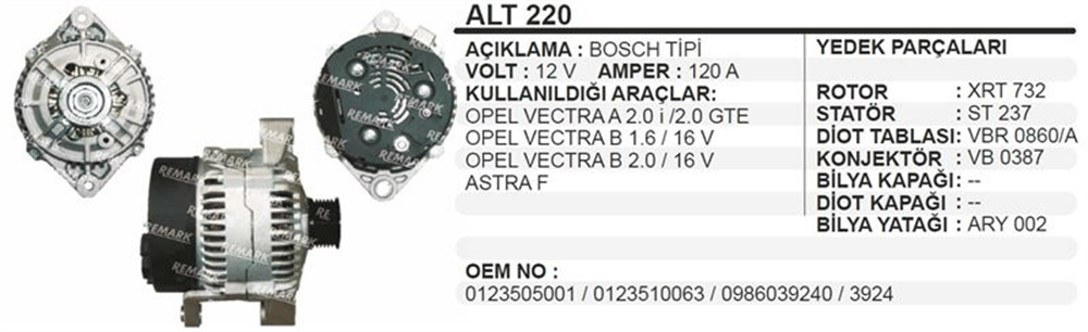 Alternatör 12V 120A A- B Klimalı – Opel Vectra