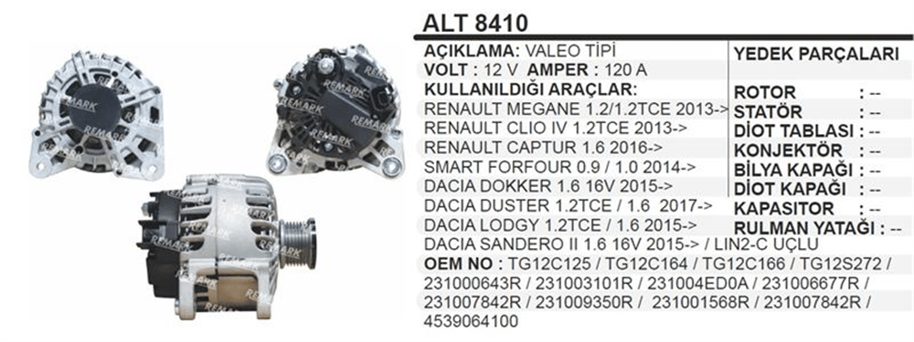 Alternatör 12V 120A – Megane Clio 4 Captur Dacia