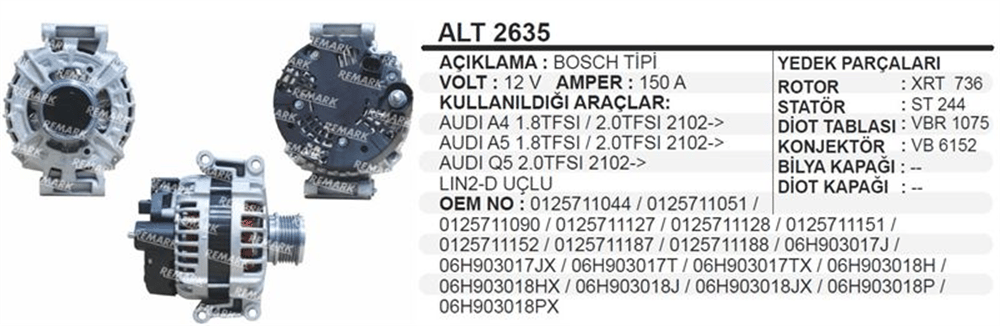 Alternatör 12V 150A LIN2-D Uçlu – Audi A4, A5, Q5