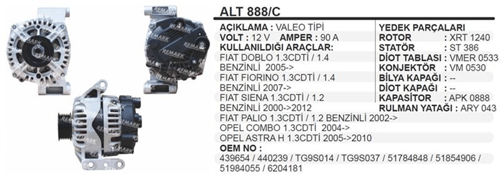 Alternatör 12V 90A Combo 1.3MULTIJET – Opel Astra, Fiat Doblo