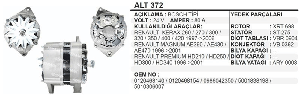Alternatör 24V 80A Bosch T.renault – Renault Kerax, Premium