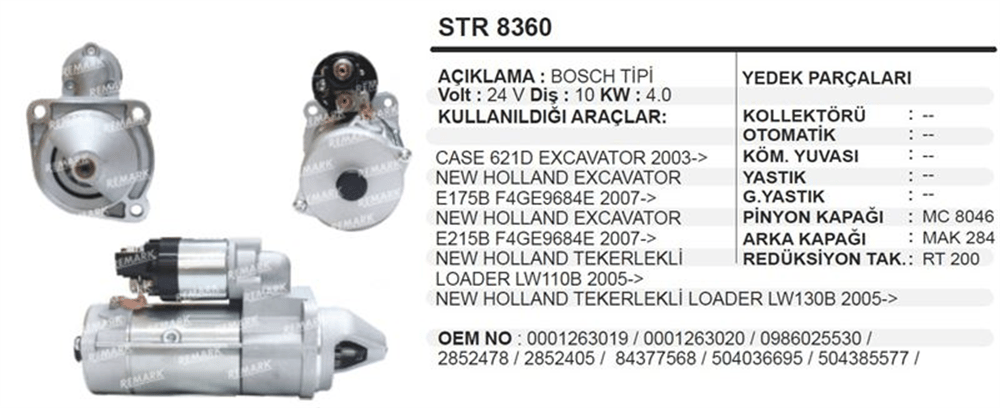 Marş Motoru 24V 10 Diş 4.0KW – Case 621D Ekskavatör, New Holland Ekskavatör E175B F4GE9684E, New Holland Ekskavatör E215B F4GE9684E, New Holland Tekerlekli Yükleyici LW110B, New Holland Tekerlekli Yükleyici LW130B