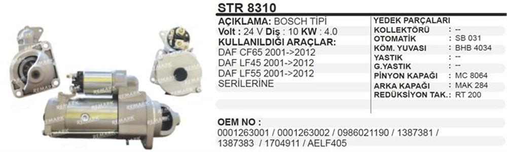Marş Motoru 24V 10 Diş 4.0KW – DAF CF65, DAF LF45, DAF LF55 Serilerine
