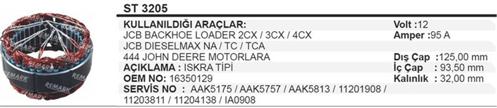 Stator 12V 150A – JCB John Deere Kazıcı Yükleyici