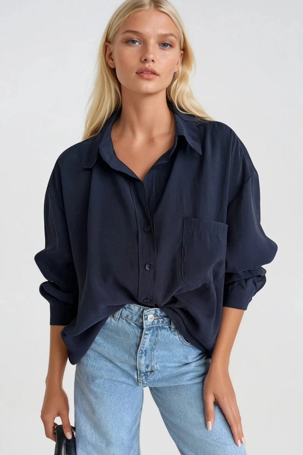 Kadın Tek Cepli Basic Oversize Dökümlü Gömlek